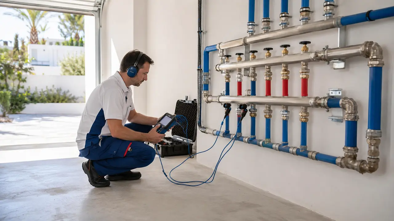 Técnico revisando con cámara térmica una instalación comunitaria en Benahavís