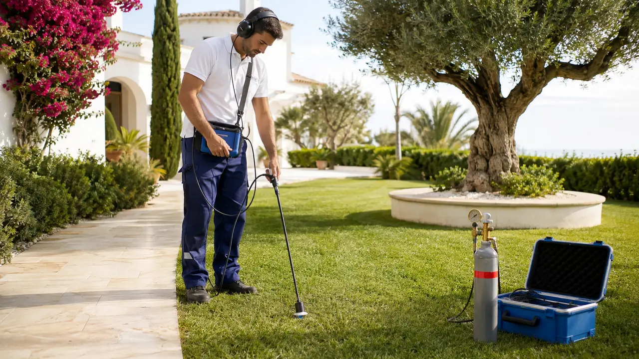 Especialista buscando una fuga de agua en una zona exterior ajardinada de Benahavís