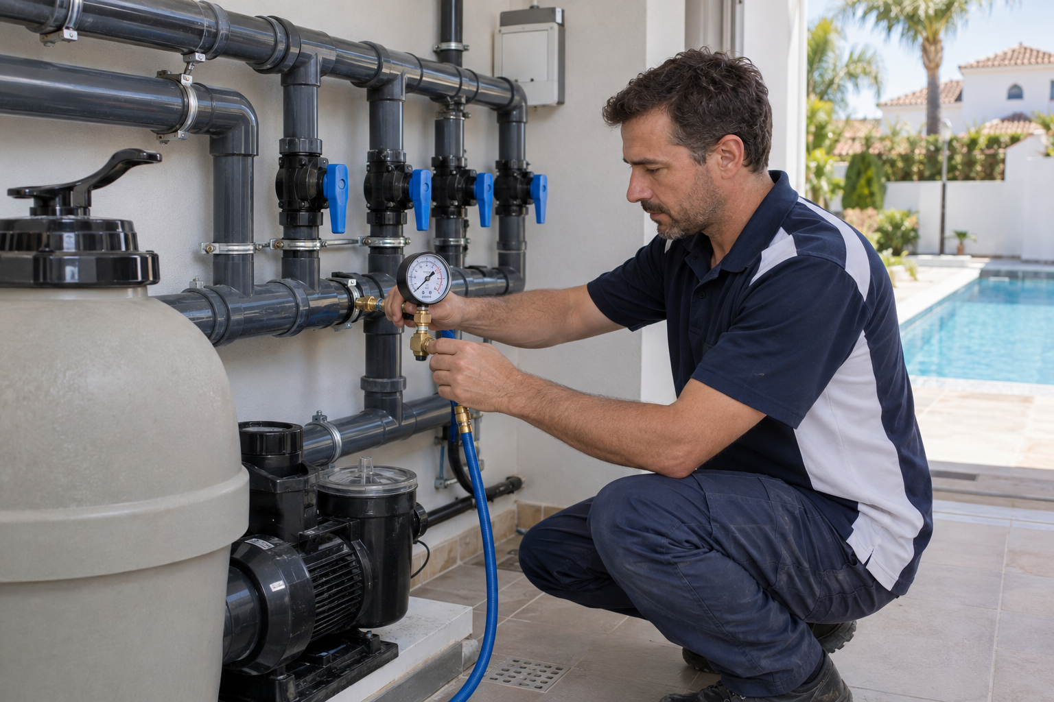 Técnico comprobando la presión de las líneas hidráulicas de una piscina